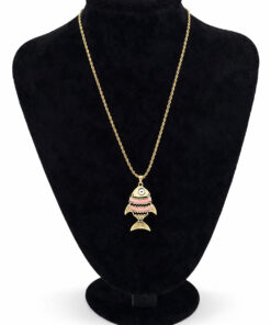 Renkli Mineli Balık Figürlü Altın Renk Çelik Kolye