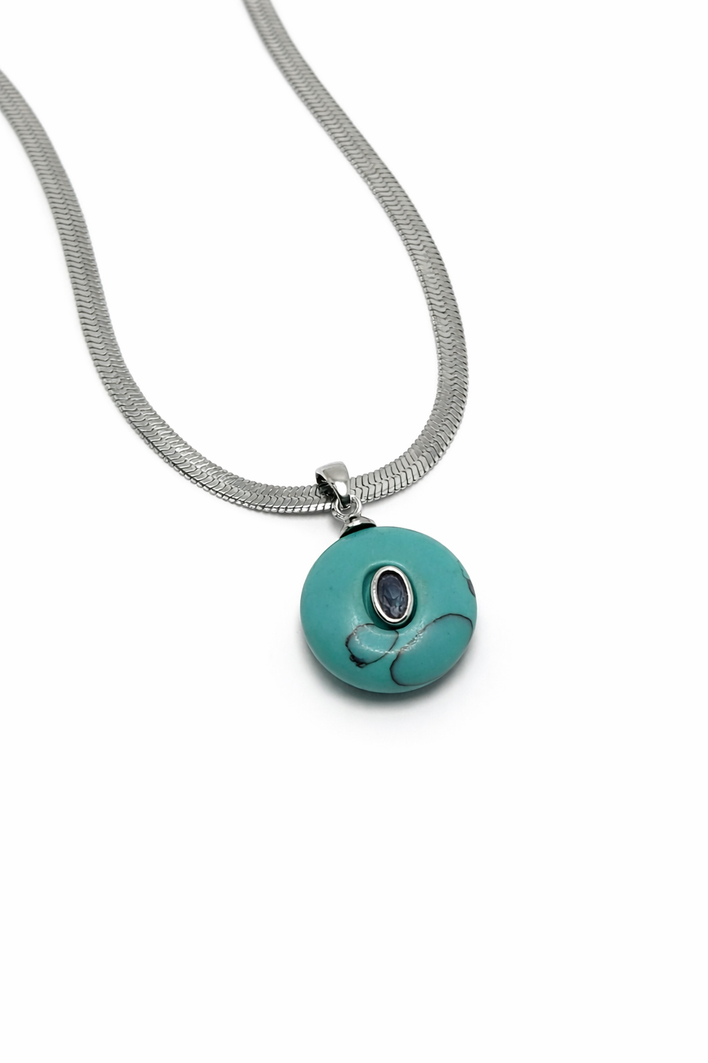 Turkuaz Taşlı Zirkon Detaylı İtalyan Zincir Çelik Kolye