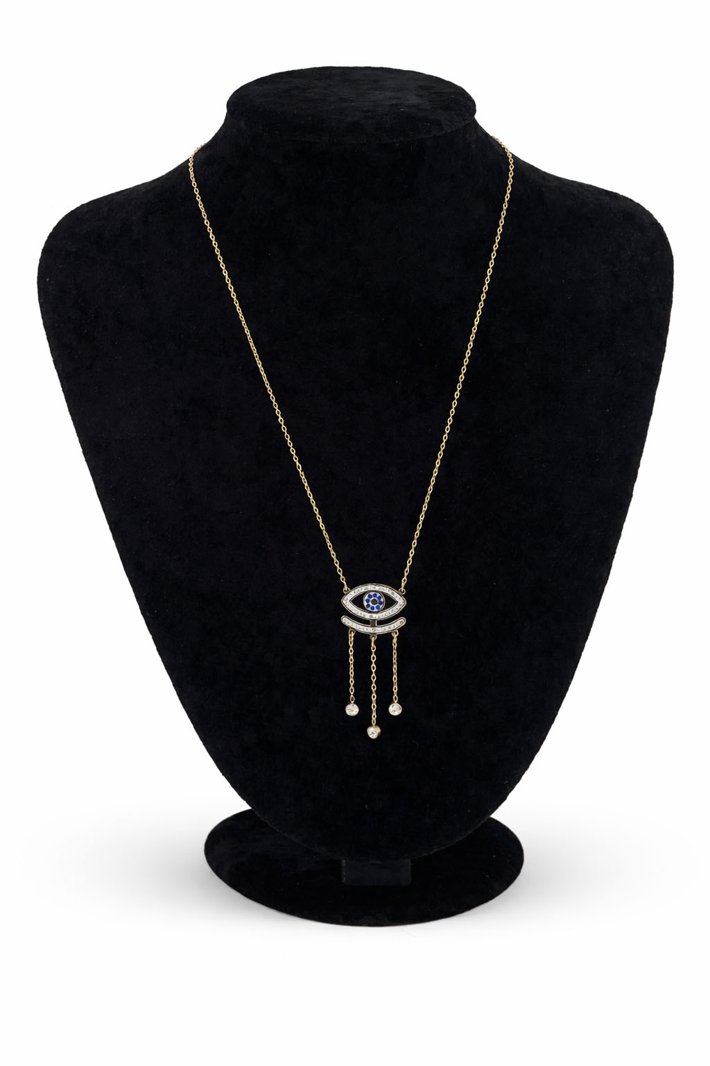 Nazar Göz Figürlü Sallantılı Zirkon Taşlı Altın Renk Çelik Kolye